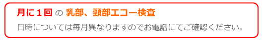 月に１回の乳部、頸部のエコー検査　　日時については毎月異なりますのでお電話にてご確認下さい。